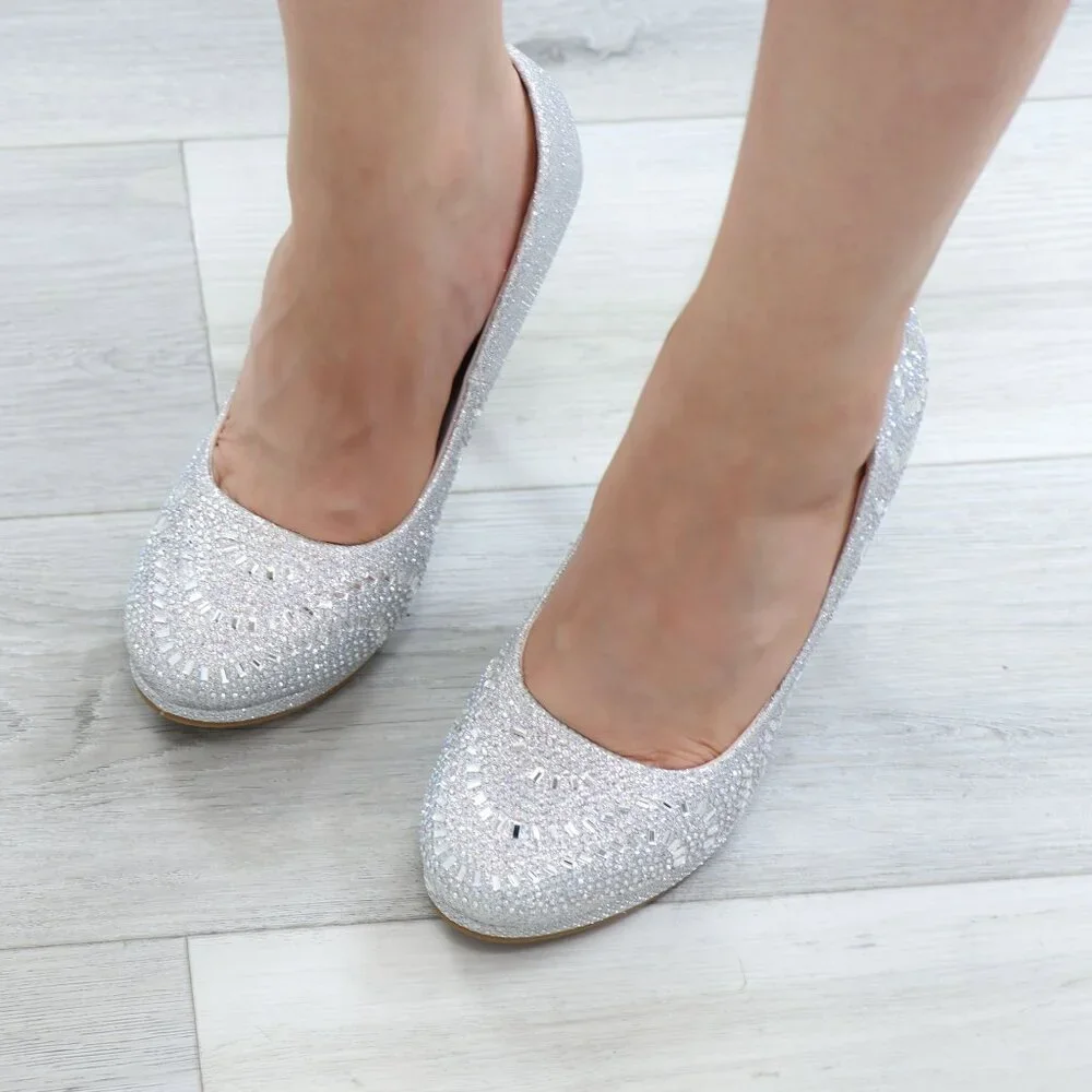 Silver Sparkly Rhinestone Glitter Diamond Platform Slip On Close Toe High Heel - Picture 8 of 15